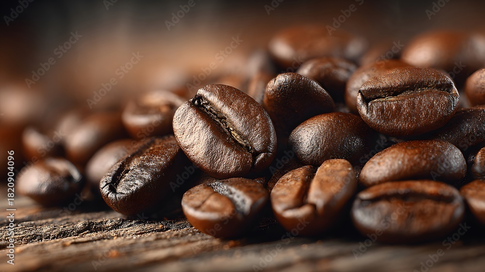 Fototapeta premium Close-up of roasted coffee beans scattered on rustic wooden surface with rich brown tones and detailed texture for coffee or beverage themed projects