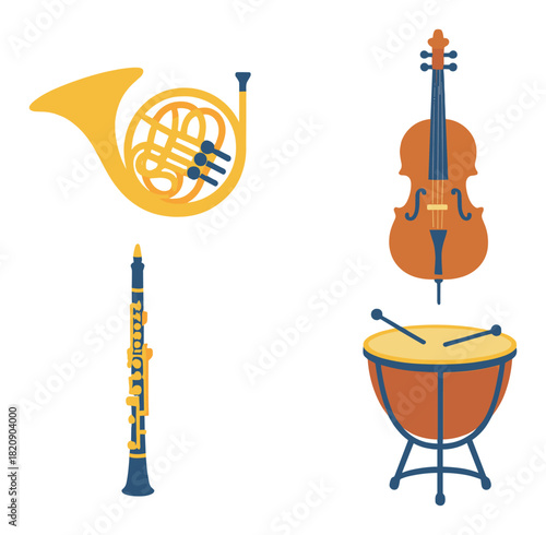 Glowing musical instruments: french horn, violin, clarinet, and drum illustration