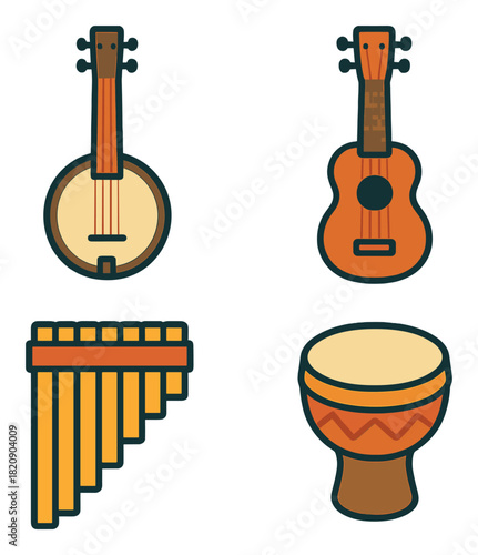 Musical instruments icon set featuring string and percussion elements