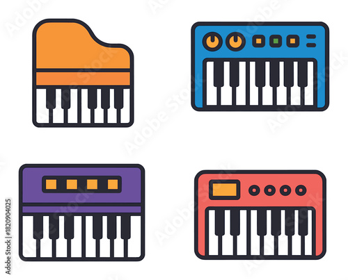 Colorful keyboard and piano vector icons with retro design style