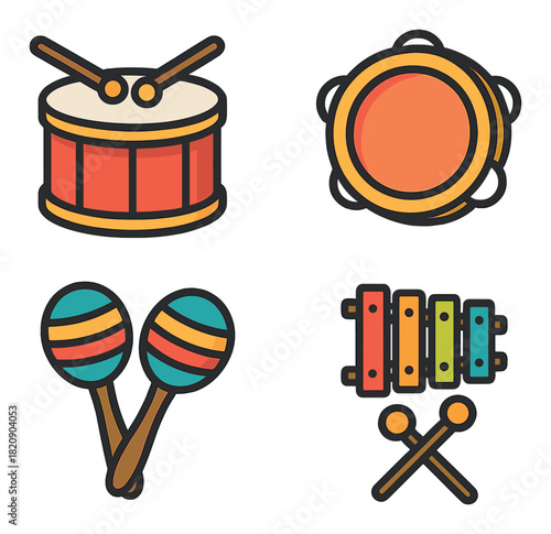 Colorful musical instruments icons featuring drum tambourine maracas xylophone
