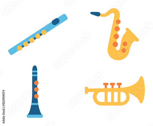Neon glow of flute, saxophone, clarinet, and trumpet in dark background