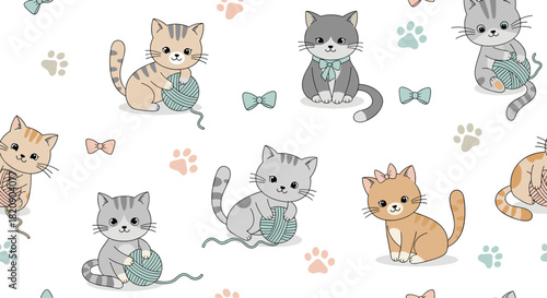 Seamless pattern with adorable cartoon kittens playing with balls of yarn surrounded by paw prints on a clean white background.
