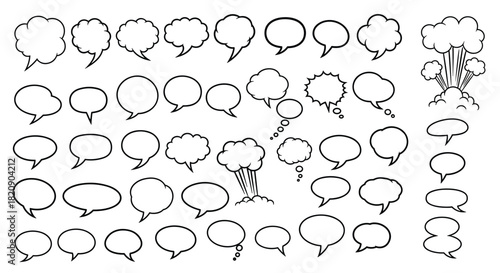 Large collection of hand-drawn comic book speech bubbles and thought balloons in various shapes for dialogue and communication.