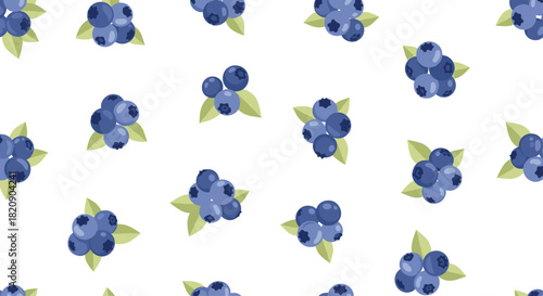 Simple seamless pattern with fresh cartoon blueberries and green leaves creating a cute and healthy summer fruit background design.