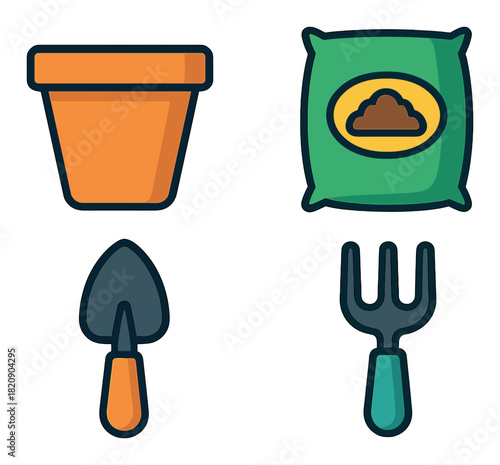 Garden tools and supplies: pot, soil bag, trowel, fork icons