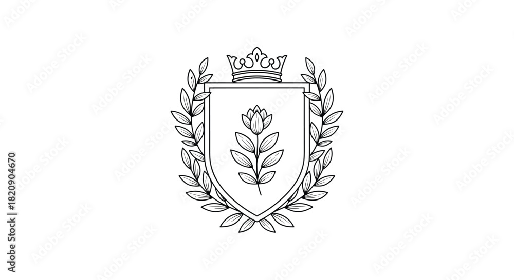 Obraz premium Elegant hand-drawn coat of arms logo featuring a floral shield with a crown and a laurel wreath in a classic heraldic style.