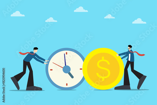 Teamwork Business. Two Entrepreneurs Pushing Clock and Money Coin to Represent Time is Money Concept, Corporate Productivity, Strong Collaboration and Smart Financial Strategy for Success