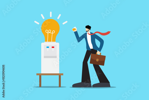 Creative Businessman Getting New Idea at Office Water Cooler. Workplace Innovation, Startup Inspiration, Motivation and Productivity Concept with Light Bulb Illustration for Business Strategy