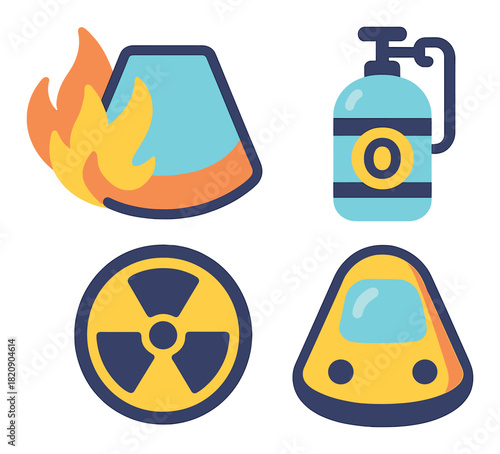 Emergency hazards icons: fire, extinguisher, radiation, and train with neon effect