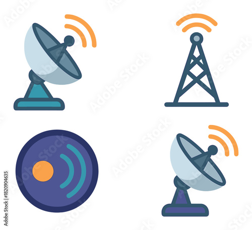 Satellite and antenna icons with signal waves on dark background