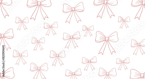 Simple and delicate seamless pattern background with hand-drawn pink outline bows in various sizes for a cute and girly design.