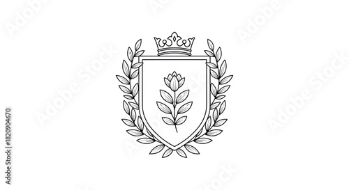 Elegant hand-drawn coat of arms logo featuring a floral shield with a crown and a laurel wreath in a classic heraldic style.