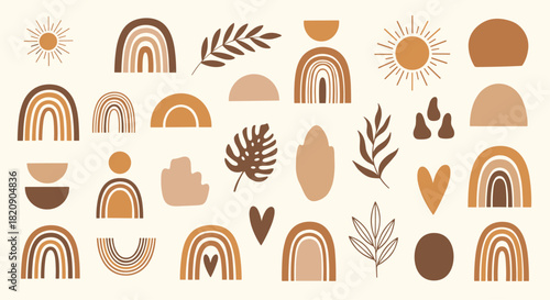 Collection of trendy abstract boho style elements including minimalist rainbows suns and leaves in neutral brown earth tones.