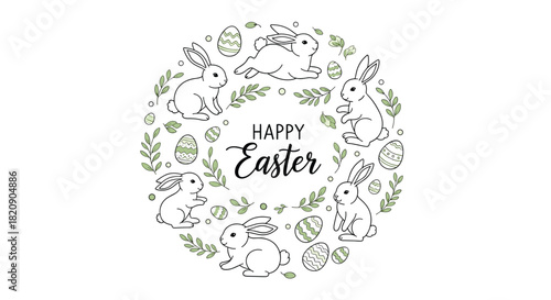 Charming hand-drawn Happy Easter wreath with cute bunnies green leaves and decorated eggs creating a festive circular design.