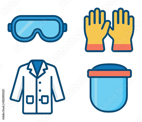 Safety equipment icons including goggles, gloves, coat, and face shield
