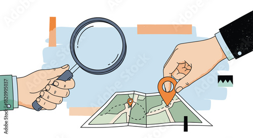 Conceptual illustration of business strategy with one hand holding a magnifying glass and another placing a pin on a folded map.