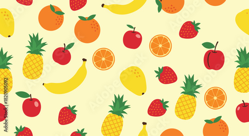 Seamless and colorful fruit pattern background with a variety of fresh fruits like pineapples apples bananas and strawberries.