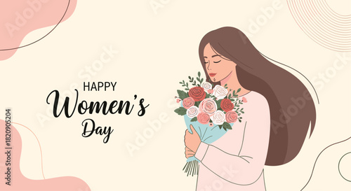 Happy Womens Day greeting card banner featuring an elegant woman with long flowing hair holding a beautiful bouquet of flowers.