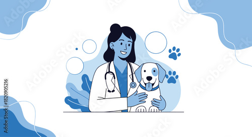 Friendly female veterinarian in a lab coat smiling and holding a cute and happy dog during a check-up at the animal clinic.