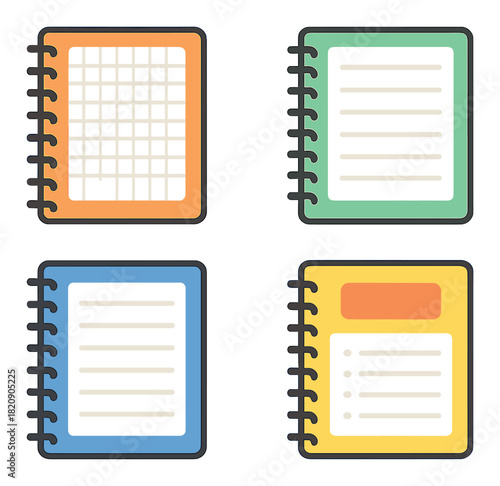 Colorful set of spiral notebooks with different page styles