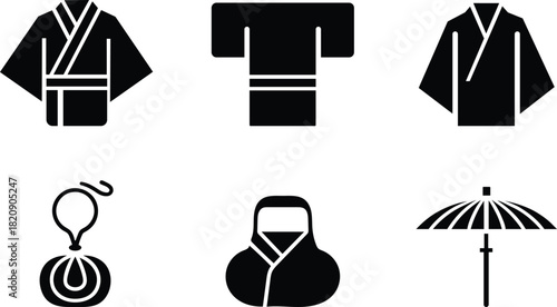 Black and White Japanese Culture Icons Collection Vector Illustration Style