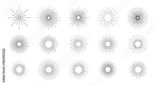 Set of minimalist sunburst and starburst design elements with thin radiating lines for creating a vintage or retro visual effect.