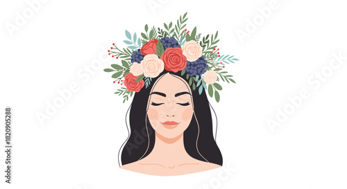 Beautiful illustration of a serene woman with her eyes closed wearing a lush and colorful flower crown on her head.