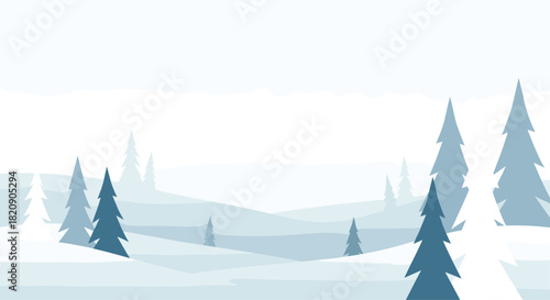 Minimalist winter landscape scene with rolling snowy hills and pine trees in various shades of blue creating a peaceful mood.