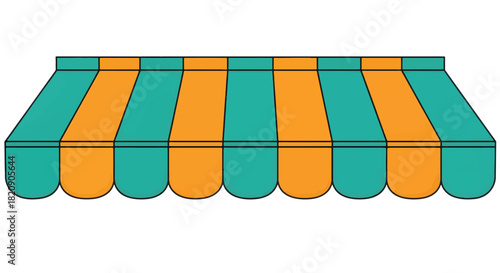 Title:
Vector illustration of colorful storefront awning with orange and teal stripes, symbolizing retail, shop decoration, and market stalls
