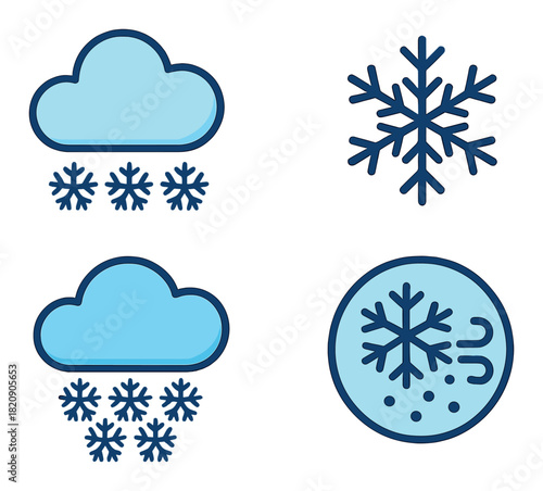 Blue winter weather icons: snow, cloud, and snowflake symbols in glowing design