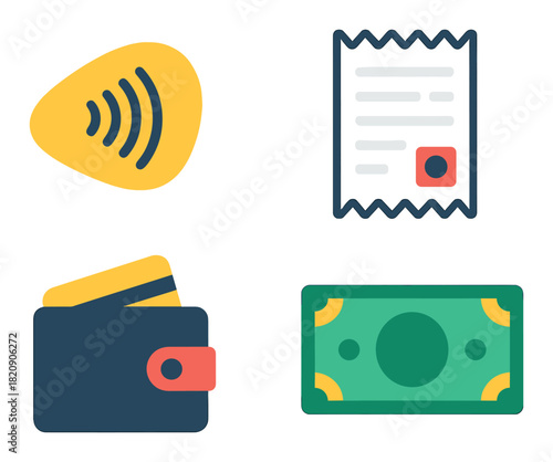 Digital payment concept: nfc, receipt, wallet, cash symbols