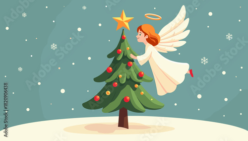 Flying angel decorating christmas tree with glowing star