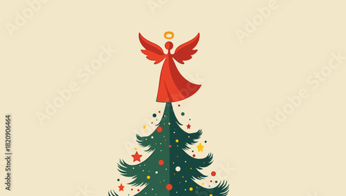 Red angel tree topper glowing above decorated christmas tree