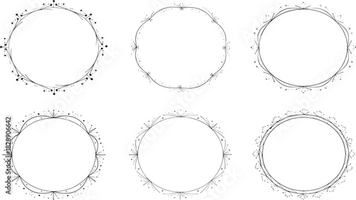 Collection of six ornate circular frames with decorative elements in a minimalist black and white design