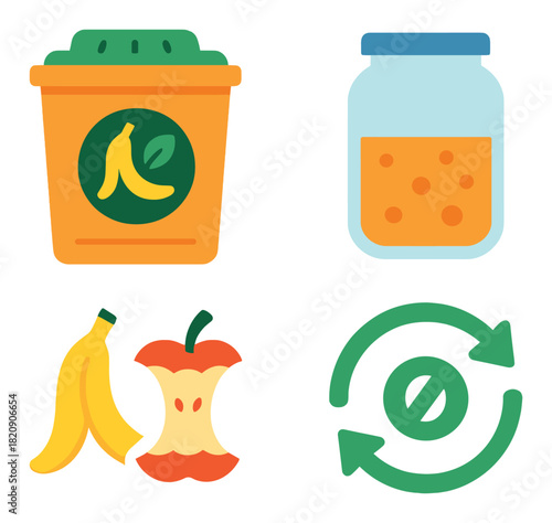 Neon composting and recycling icons with banana, apple, jar, and recycle symbol