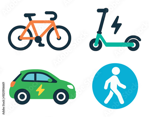 Sustainable transportation icons: bicycle, scooter, electric car, pedestrian symbols