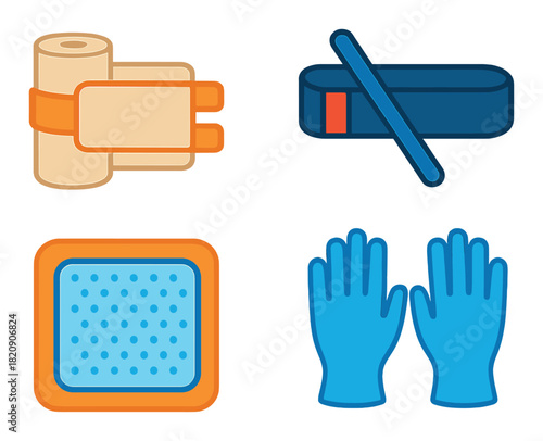 Neon medical icons: bandages, tourniquet, gauze, gloves on gradient background