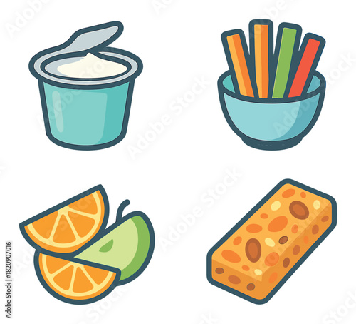 Colorful healthy snacks collection with yogurt, veggies, fruit, and granola