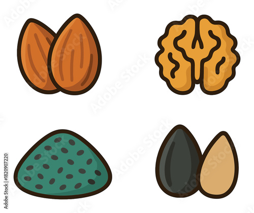 Illustrated nuts and seeds collection: almonds, walnuts, chia, sunflower kernels