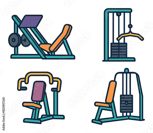 Colorful fitness equipment icons featuring leg press and cable machine