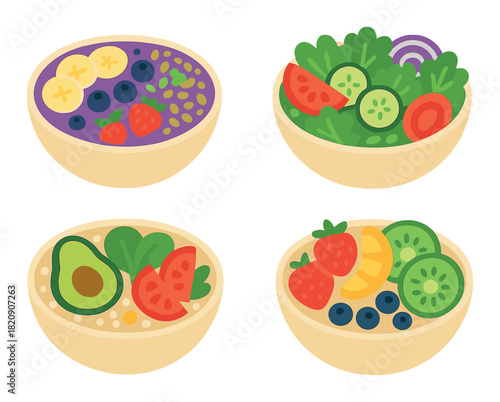 Colorful assorted fruit and vegetable bowls with fresh ingredients