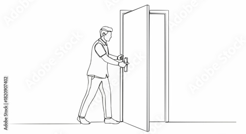 Man opening door, entering a new space, walking forward, concept of opportunity.