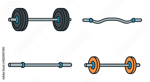 Various weightlifting bars: standard, curl, powerlifting, and olympic