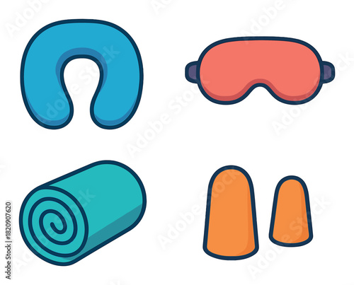 Travel essentials: neck pillow, sleep mask, blanket, ear plugs graphic illustration