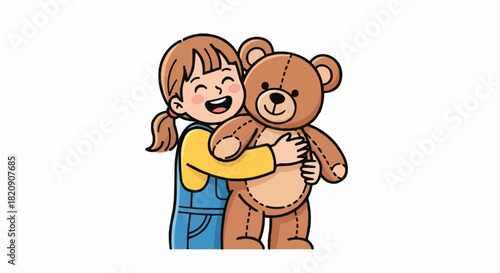 Happy little girl joyfully hugging her big brown teddy bear friend.
