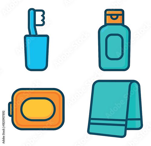 Colorful bathroom essentials: toothbrush, soap, shampoo, towel icons on dark background