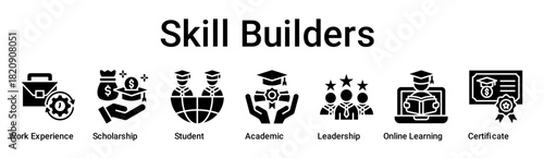 Skill Builders banner web icon vector illustration concept for education with icon of Work Experience, Scholarship, Student, Academic, Leadership, Online Learning.
