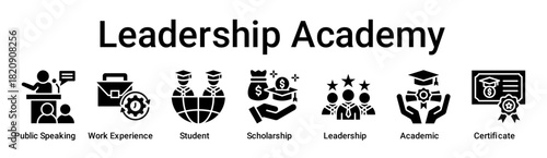 Leadership Academy banner web icon vector illustration concept for education with icon of Public Speaking, Work Experience, Student, Scholarship, Leadership, Academic.