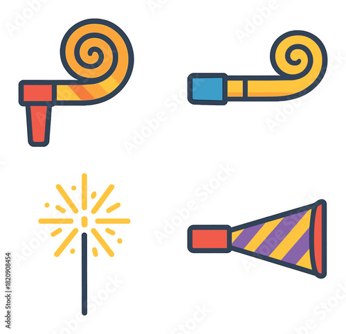 Colorful party accessories on black background with bright sparkler and noisemakers